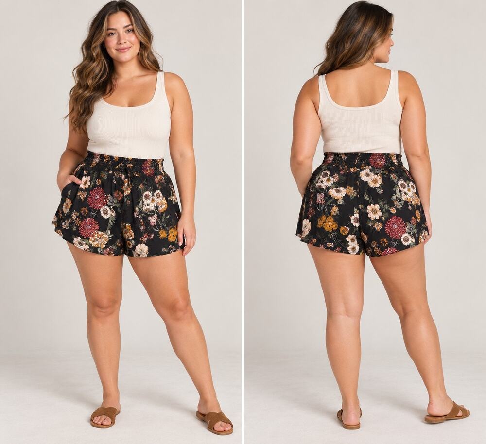 ONE5ONE Stitch Fix Black Floral Smocked High Waist Shorts XL Boho